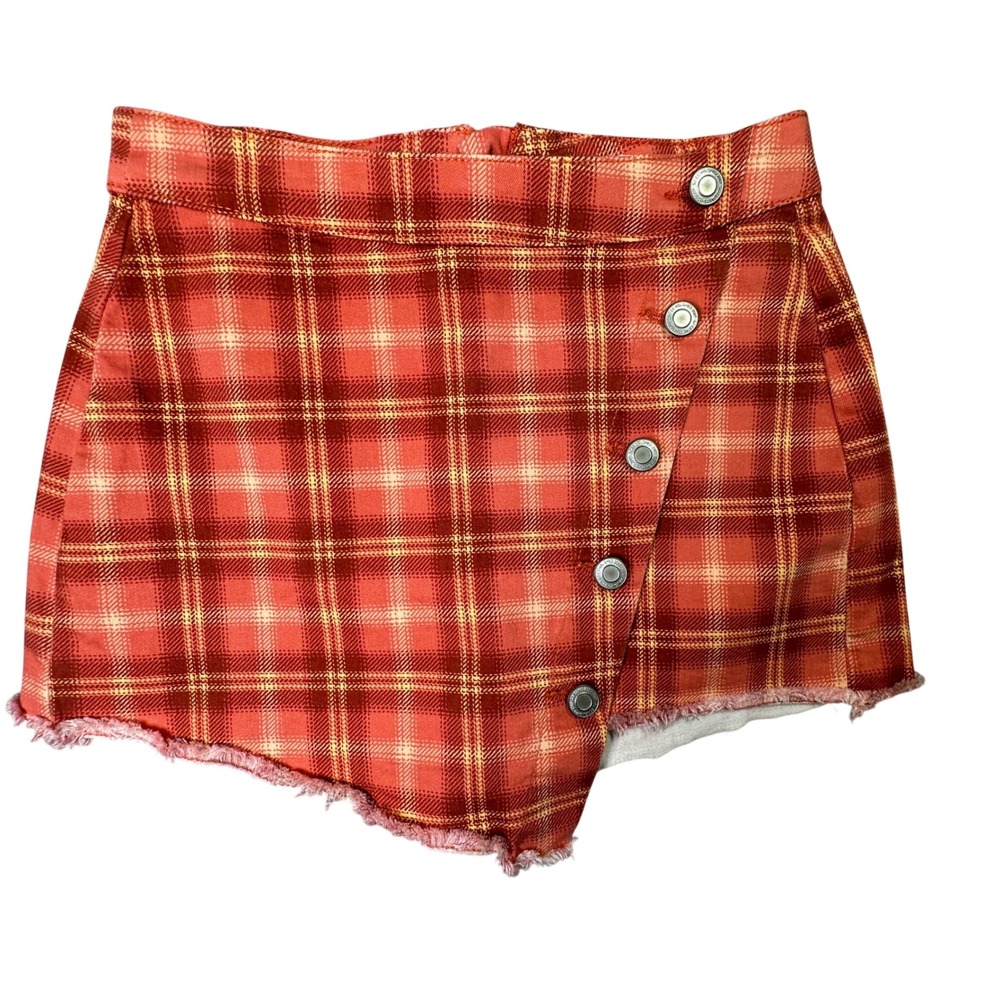 SO Y2K Plaid Skort Asymmetrical Frayed Hem Button Detail Orange Yellow Sz 3/26W